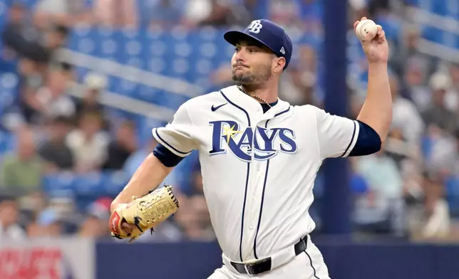 Tampa Bay Rays pitcher Shane McClanahan throw during the first inning of a baseball game against the Kansas City Royals Tuesday, June 23, 2026, in St. Petersburg, Fla. (AP Photo/Jason Behnken)