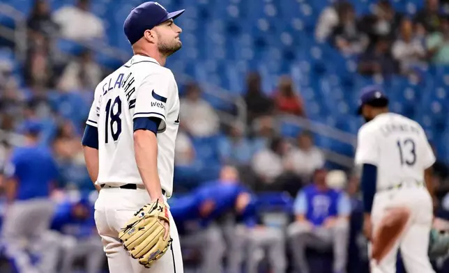 Tampa Bay Rays pitcher Shane McClanahan (18) reacts after giving up a two-run home run to Kansas City Royals' Jac Caglianone, not pictured, during the fifth inning of a baseball game Tuesday, June 23, 2026, in St. Petersburg, Fla. (AP Photo/Jason Behnken)