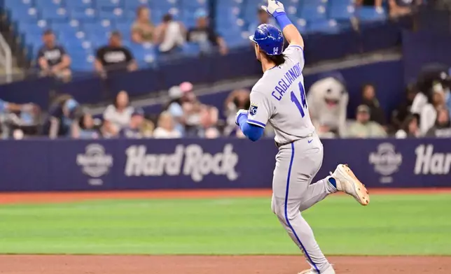 Kansas City Royals' Jac Caglianone rounds the base after his two-run home run during the fifth inning of a baseball game against the Tampa Bay Rays Tuesday, June 23, 2026, in St. Petersburg, Fla. (AP Photo/Jason Behnken)