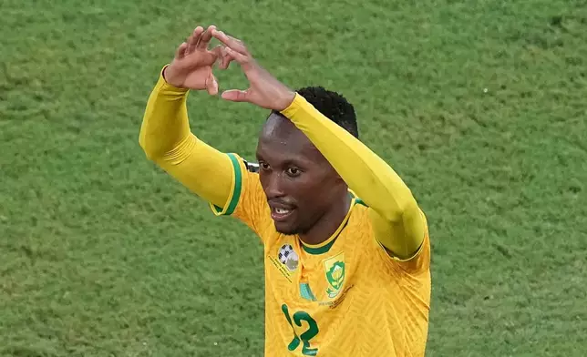 South Africa's Thapelo Maseko (12) celebrates after scoring his team's first goal during the World Cup Group A soccer match between South Africa and South Korea in Guadalupe, near Monterrey, Mexico, Wednesday, June 24, 2026. (AP Photo/Dolores Ochoa)