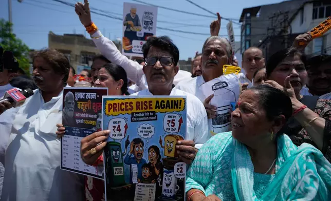 Congress party supporters hold placards during a protest against the rising prices of essential commodities, in Jammu, India, Wednesday, June 3, 2026. (AP Photo/Channi Anand)