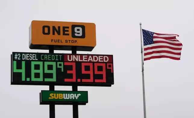 The American Flag flies next to a One9 Fuel Stop sign displaying gas prices for diesel and unleaded gas in Wilmington, Ohio, Wednesday, June 10, 2026. (AP Photo/Carolyn Kaster)