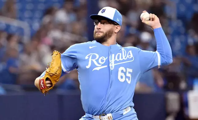 Kansas City Royals pitcher Noah Cameron throws during the fifth inning of a baseball game against the Tampa Bay Rays Wednesday, June 24, 2026, in St. Petersburg, Fla. (AP Photo/Jason Behnken)