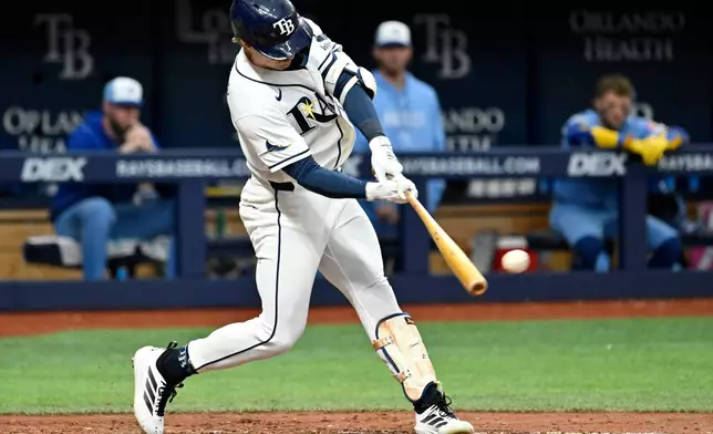 Tampa Bay Rays' Jonny DeLuca hits an RBI double during the fourth inning of a baseball game against the Kansas City Royals Wednesday, June 24, 2026, in St. Petersburg, Fla. (AP Photo/Jason Behnken)