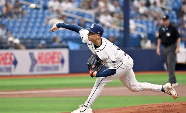 Tampa Bay Rays pitcher Griffin Jax throws during the first inning of a baseball game against the Kansas City Royals Wednesday, June 24, 2026, in St. Petersburg, Fla. (AP Photo/Jason Behnken)