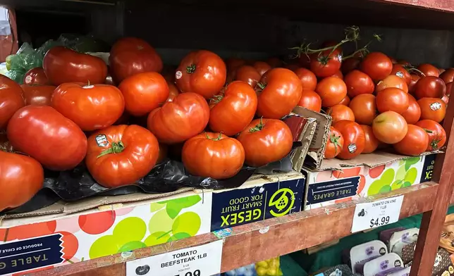 Tomatoes await customers on the shelves of a supermarket in New York on Tuesday, May 26, 2026. (AP Photo/Matt Sedensky)