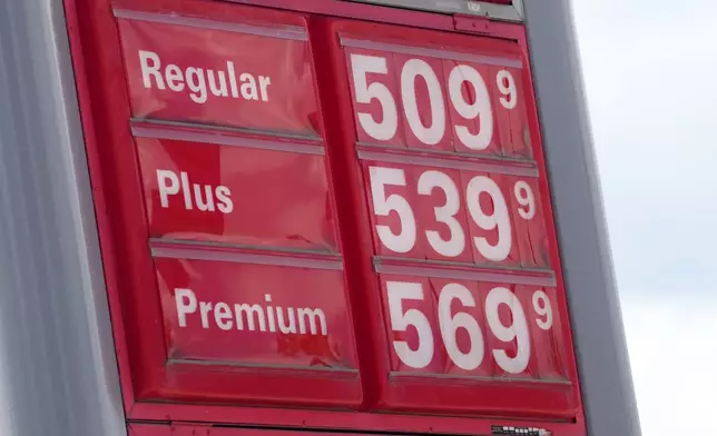 The per-gallon prices for the various grades of gasoline available at a gas station are displayed on a sign above the pumps, Sunday, May 24, 2026, in southeast Denver. (AP Photo/David Zalubowski)