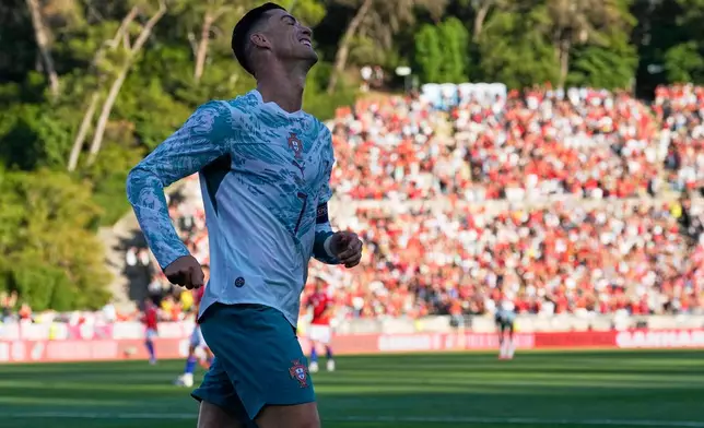 Portugal's Cristiano Ronaldo reacts during an international friendly soccer match between Portugal and Chile in Oeiras, outside Lisbon, Saturday, June 6, 2026. (AP Photo/Armando Franca)