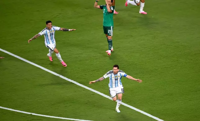 Argentina's Lionel Messi (10) celebrates after scoring their opening goal during the World Cup Group J soccer match between Argentina and Algeria in Kansas City, Mo., Tuesday, June 16, 2026. (AP Photo/Reed Hoffmann)
