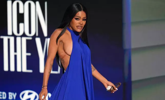 Teyana Taylor appears onstage to accept the Icon of the Year award during the BET Awards on Sunday, June 28, 2026, at the Peacock Theater in Los Angeles. (AP Photo/John Locher)
