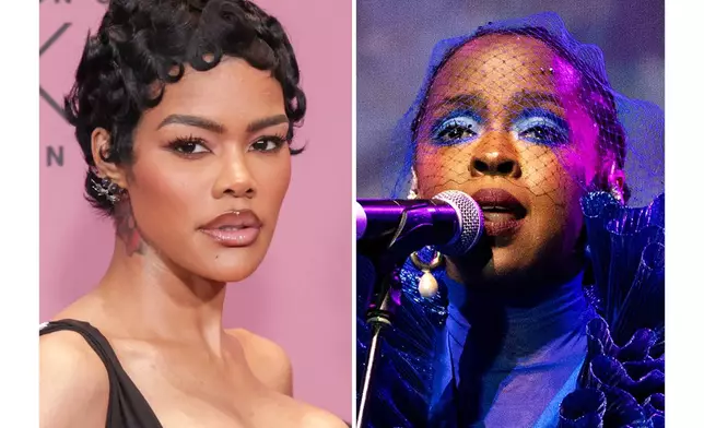 Teyana Taylor appears at the CCA's 8th Annual Celebration of Black Cinema & Television in Los Angeles on Dec. 9, 2025, left, and Lauryn Hill performs at the Essence Festival in New Orleans on June 30, 2023. (AP Photo)