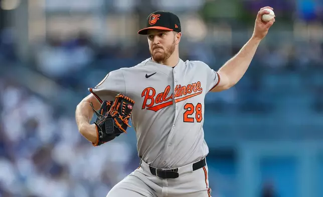 Baltimore Orioles starting pitcher Trevor Rogers (28) throws during the second inning of a baseball game against the Los Angeles Dodgers, Saturday, June 20, 2026, in Los Angeles. (AP Photo/Caroline Brehman)