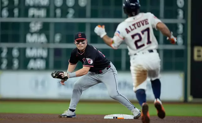 Cleveland Guardians second baseman Travis Bazzana, left, waits to tag out Houston Astros' Jose Altuve (27) who was trying to stretch a single into a double during the fourth inning of a baseball game Saturday, June 20, 2026, in Houston. (AP Photo/Kevin M. Cox)