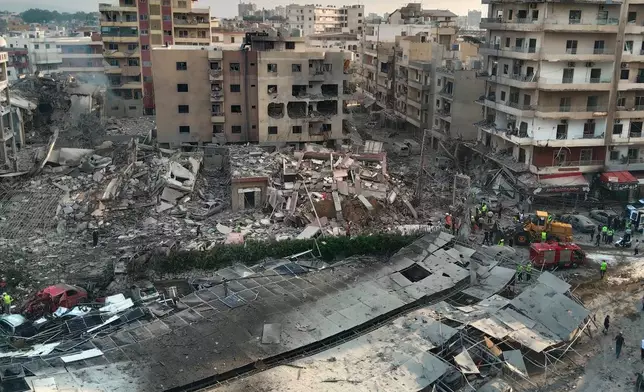 Rescuers work at the site of an Israeli airstrike that hit a building and damaged a hospital in the southern port city of Tyre, Lebanon, Monday, June 1, 2026. (AP Photo)