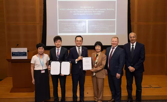 The Microbiology Division of the Public Health Laboratory Services Branch (PHLSB), which is under the Centre for Health Protection (CHP) of the Department of Health (DH), has been designated by the World Health Organization (WHO) as a Collaborating Centre on Quality and Capacity Building for the Global Influenza Surveillance and Response System. This is the second WHO Collaborating Centre in China to combat influenza. The WHO representative formally presented the designation letter to the DH in Hong Kong today (June 8). Photo shows the Director of Health, Dr Ronald Lam (third left); the Head of Global Respiratory Threats of the WHO, Dr Zhang Wenqing (third right); the Controller of the CHP of the DH, Dr Edwin Tsui (second left); the Head of the PHLSB under the CHP, Dr Janice Lo (first left); and members of the Global Influenza Programme of the WHO Dr Dmitriy Pereyaslov (second right) and Dr Magdi Samaan (first right). Source: HKSAR Government Press Releases