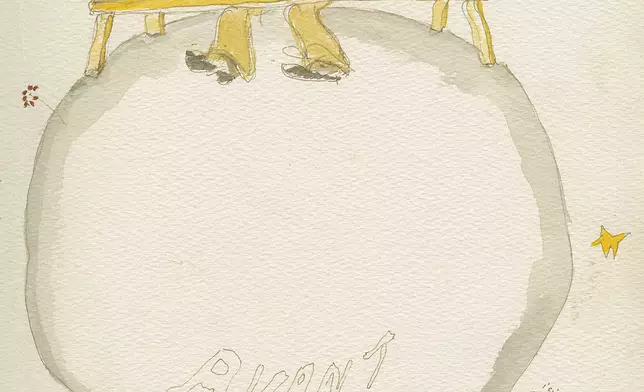 The Little Prince on a planet, scarf in the wind, sitting at a table