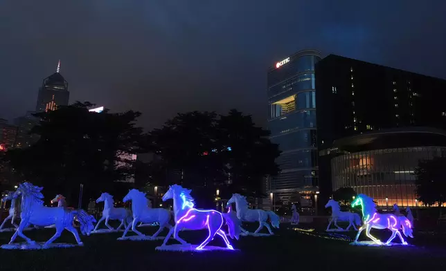 The Community Exhibition at Tamar Park presents a nighttime horse themed light show with multimedia projections in the evening on Fridays to Sundays. At the launch ceremony, a special visual art performance was staged to mark the occasion. Photo source: HKJC