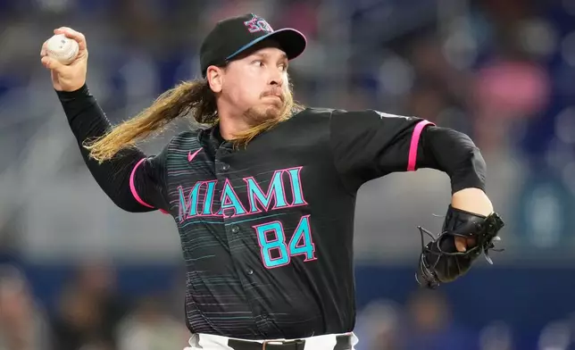 Miami Marlins starting pitcher Lake Bachar (84) throws during the first inning of a baseball game against the San Francisco Giants, Friday, June 19, 2026, in Miami. (AP Photo/Lynne Sladky)