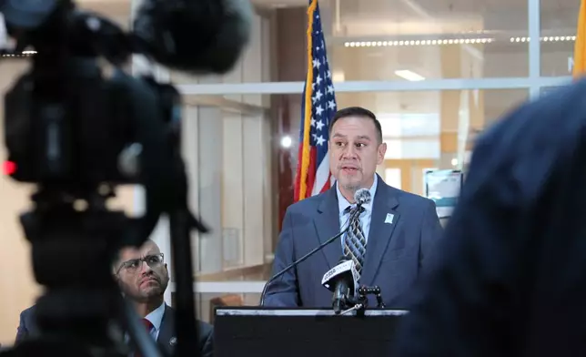Española Mayor Dennis Tim Salazar speaks during a news conference in Albuquerque, on Monday, June 29, 2026. (AP Photo/Susan Montoya Bryan)