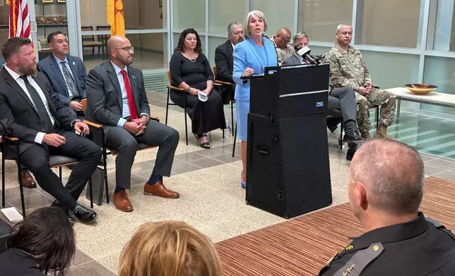 New Mexico Gov. Michelle Lujan Grisham speaks during a news conference in Albuquerque, on Monday, June 29, 2026. (AP Photo/Susan Montoya Bryan)