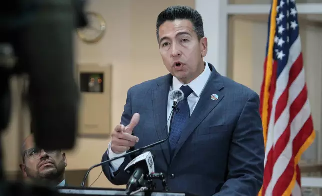 Raul Bujanda, Albuquerque's executive director of public safety, talks about the fentanyl epidemic in New Mexico and federal investigative policies during a news conference in Albuquerque, on Monday, June 29, 2026. (AP Photo/Susan Montoya Bryan)