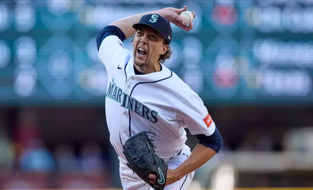 Seattle Mariners starting pitcher Logan Gilbert throws against the Baltimore Orioles during the first inning in a baseball game, Tuesday, June 16, 2026, in Seattle. (AP Photo/John Froschauer)