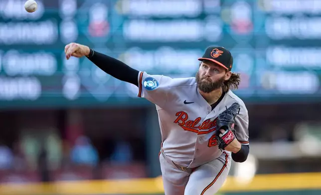 Baltimore Orioles starting pitcher Brandon Young throws against the Seattle Mariners during the first inning in a baseball game, Tuesday, June 16, 2026, in Seattle. (AP Photo/John Froschauer)