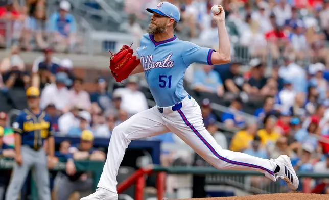 Atlanta Braves pitcher Chris Sale delivers to a Milwaukee Brewers batter during the first inning of a baseball game, Saturday, June 20, 2026, in Atlanta. (AP Photo/Erik S. Lesser)