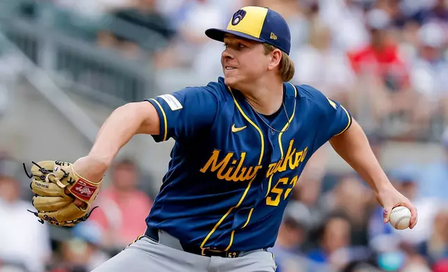 Milwaukee Brewers pitcher Kyle Harrison delivers to an Atlanta Braves batter during the first inning of a baseball game, Saturday, June 20, 2026, in Atlanta. (AP Photo/Erik S. Lesser)