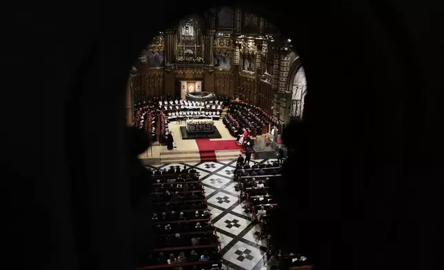 Pope Leo XIV leads a rosary prayer at the Abbey of Our Lady of Montserrat, in Montserrat, Spain, Wednesday, June 10, 2026. (AP Photo/Alessandra Tarantino)
