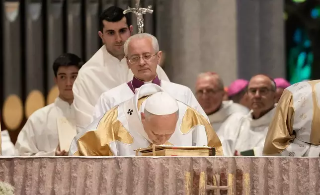 Pope Leo XIV celebrates Mass at the Basilica of the Sagrada Familia in Barcelona, Spain, Wednesday, June 10, 2026. (AP Photo/Bernat Armangue)