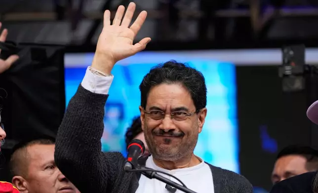 Historic Pact coalition presidential candidate Ivan Cepeda waves during a campaign rally in Bogota, Colombia, Saturday, June 13, 2026. (AP Photo/Fernando Vergara)