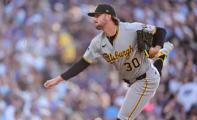 Pittsburgh Pirates starting pitcher Paul Skenes works against the Colorado Rockies in the first inning of a baseball game Saturday, June 20, 2026, in Denver. (AP Photo/David Zalubowski)
