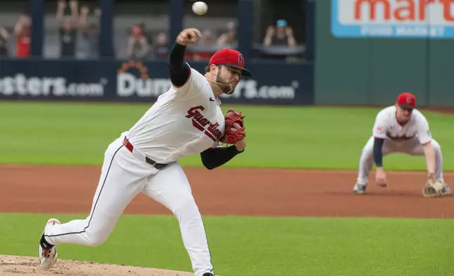 Cleveland Guardians starting pitcher Slade Cecconi delivers against the Seattle Mariners during the first inning of a baseball game, Saturday, June 27, 2026, in Cleveland. (AP Photo/Phil Long)