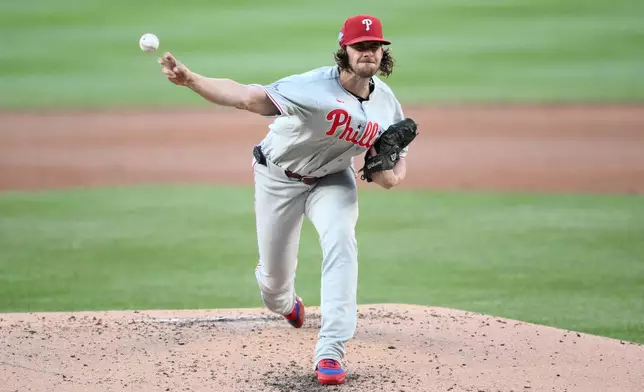 Philadelphia Phillies pitcher Aaron Nola throws during the second inning of a baseball game against the Washington Nationals, Wednesday, June 24, 2026, in Washington. (AP Photo/Nick Wass)