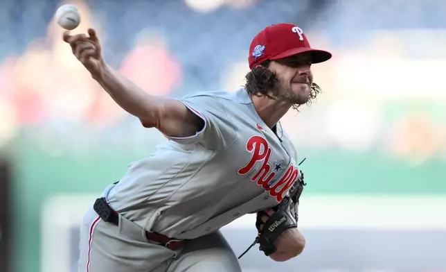 Philadelphia Phillies pitcher Aaron Nola throws during the first inning of a baseball game against the Washington Nationals, Wednesday, June 24, 2026, in Washington. (AP Photo/Nick Wass)