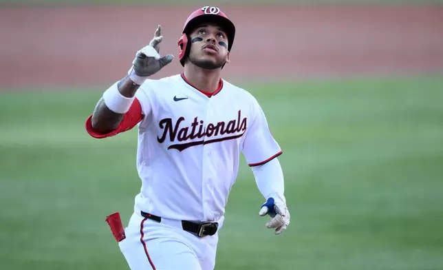 Washington Nationals' Jorbit Vivas celebrates his home run during the second inning of a baseball game against the Philadelphia Phillies, Wednesday, June 24, 2026, in Washington. (AP Photo/Nick Wass)