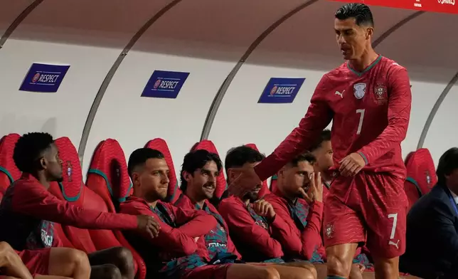 Portugal's Cristiano Ronaldo walks to the becnh after he was substituted during an international friendly soccer match between Portugal and Nigeria in Leiria, Portugal, Wednesday, June 10, 2026. (AP Photo/Ana Brigida)
