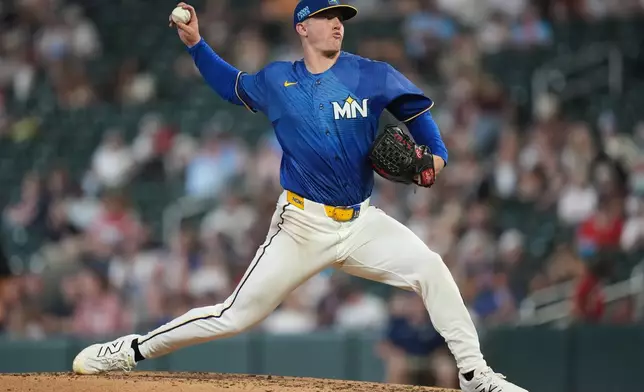 Minnesota Twins starting pitcher Zebby Matthews delivers during the sixth inning of a baseball game against the Kansas City Royals, Friday, June 5, 2026, in Minneapolis. (AP Photo/Abbie Parr)