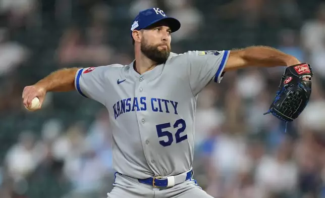 Kansas City Royals starting pitcher Michael Wacha delivers during the fourth inning of a baseball game against the Minnesota Twins, Friday, June 5, 2026, in Minneapolis. (AP Photo/Abbie Parr)