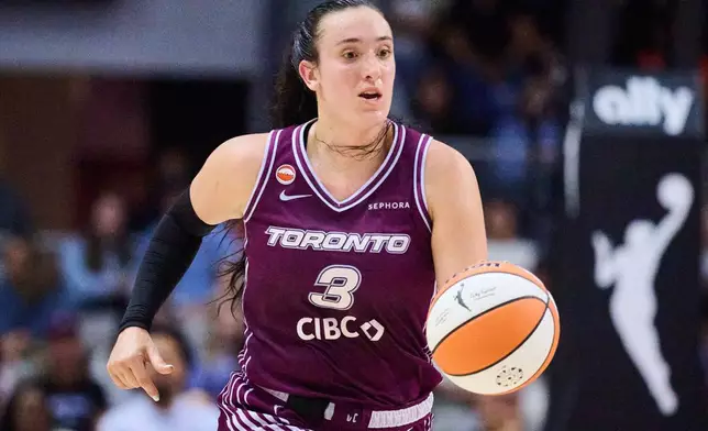 Toronto Tempo's Marina Mabrey sprints upcourt during the first half of a WNBA basketball game against the Los Angeles Sparks in Toronto, Thursday, June 25, 2026. (Sammy Kogan/The Canadian Press via AP)