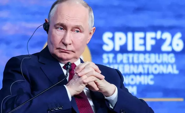 In this photo released by the Roscongress Foundation, Russian President Vladimir Putin attends a plenary session at the St. Petersburg International Economic Forum in St. Petersburg, Russia, on Friday, June 5, 2026. (Kirill Kazachkov/Roscongress Foundation via AP)