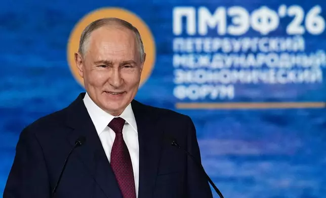 Russian President Vladimir Putin addresses a plenary session at the St. Petersburg International Economic Forum in St. Petersburg, Russia, on Friday, June 5, 2026. (AP Photo/Dmitri Lovetsky)