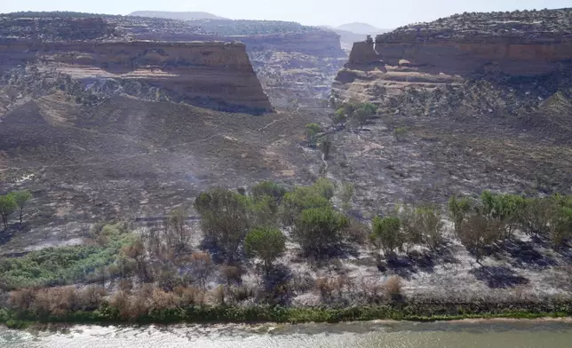 A burned section of the Snyder Fire seen from across the Colorado river in Mack, Colorado, on Sunday, June 28, 2026. (AP Photo/Ty O'Neil)