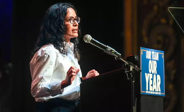 Democratic congressional candidate Claire Valdez speaks during a Get Out The Vote rally ahead of New York's primary election, Thursday, June 18, 2026, in the Brooklyn borough of New York. (AP Photo/Ryan Murphy)