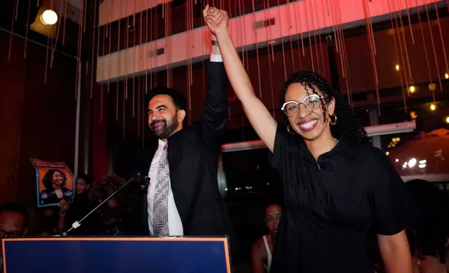 New York City Mayor Zohran Mamdani, celebrates with Democratic congressional candidate Darializa Avila Chevalier during an election night watch party Tuesday, June 23, 2026, in New York. (AP Photo/Seth Wenig)