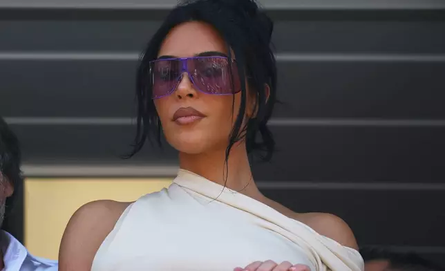 Kim Kardashian attends during the Formula One Monaco Grand Prix race at the Monaco racetrack, Sunday, June 7, 2026. (Yves Herman, Pool Photo via AP)