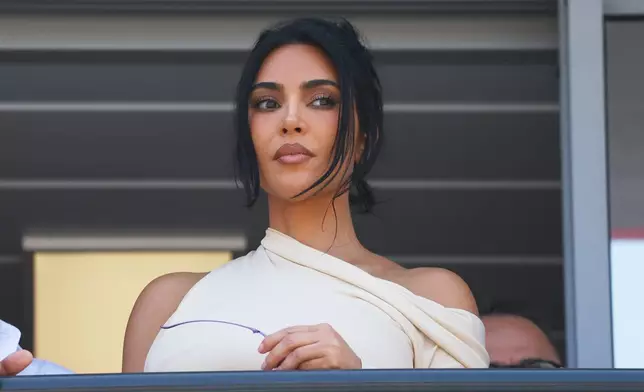 Kim Kardashian attends he Formula One Monaco Grand Prix race at the Monaco racetrack, Sunday, June 7, 2026. (Yves Herman, Pool Photo via AP)