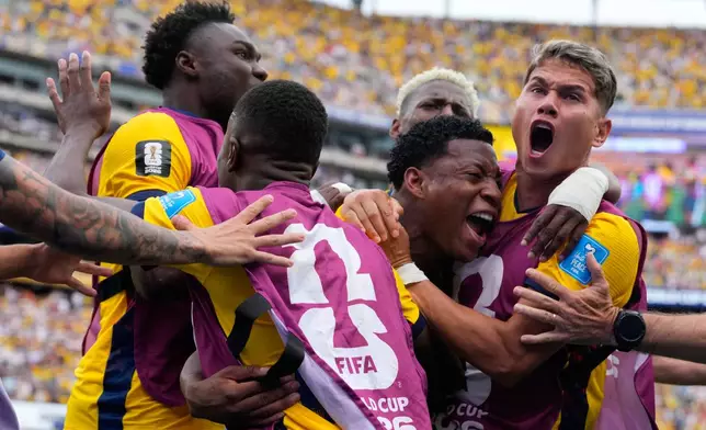 Ecuador's Gonzalo Plata, center right, celebrates scoring his side's second goal against Germany during the World Cup Group E soccer match in East Rutherford, N.J., near New York, Thursday, June 25, 2026. (AP Photo/Yuki Iwamura)