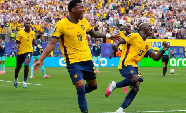 Ecuador's Gonzalo Plata (19) celebrates scoring his side's second goal against Germany during the World Cup Group E soccer match in East Rutherford, N.J., near New York, Thursday, June 25, 2026. (AP Photo/Yuki Iwamura)